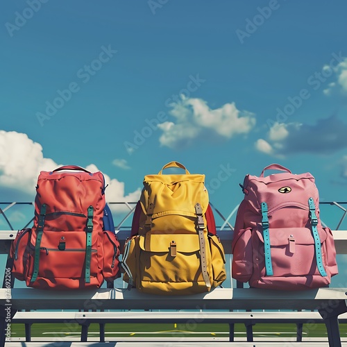 Different backpacks on plastic bleachers, each one unique, with a sports field in the background under a bright blue sky. photo