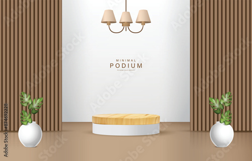 Minimalist Wooden Podium With White Background and Brown Slatted Walls
