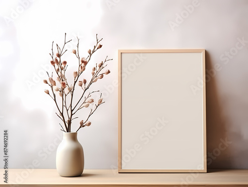 Minimalist interior with blank picture frame and a vase of blossoming branches on a wooden shelf