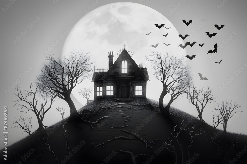 Eerie haunted house on a hill with full moon and bats in a black and ...
