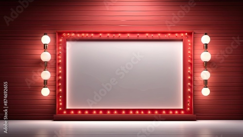 For template decorating on the wall backdrop, a realistic isolated red lightbox marquee frame with stars and neon bulb bulbs is used. Idea behind a movie © UZAIR