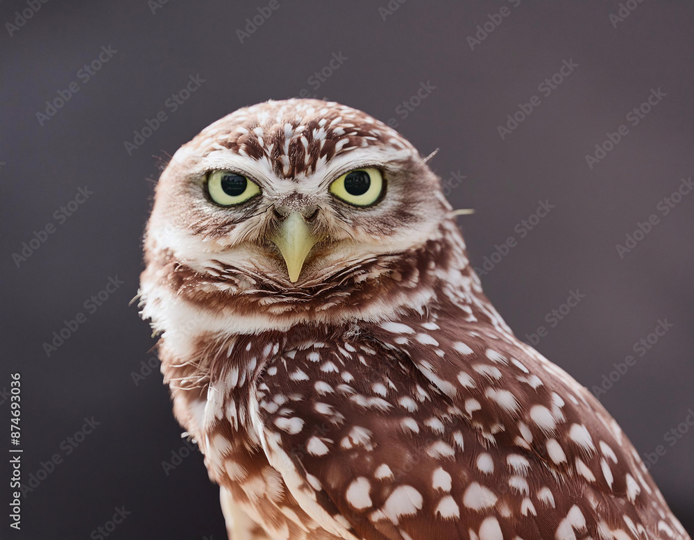 Fototapeta premium A captivating brown and white owl with piercing green eyes
