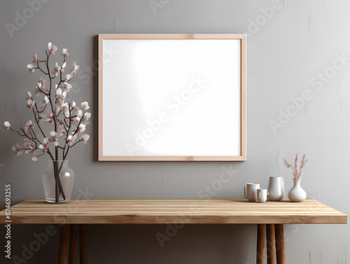Minimalist home decor with an empty wooden frame, blossoming branches, and white ceramic vases on a wooden table.