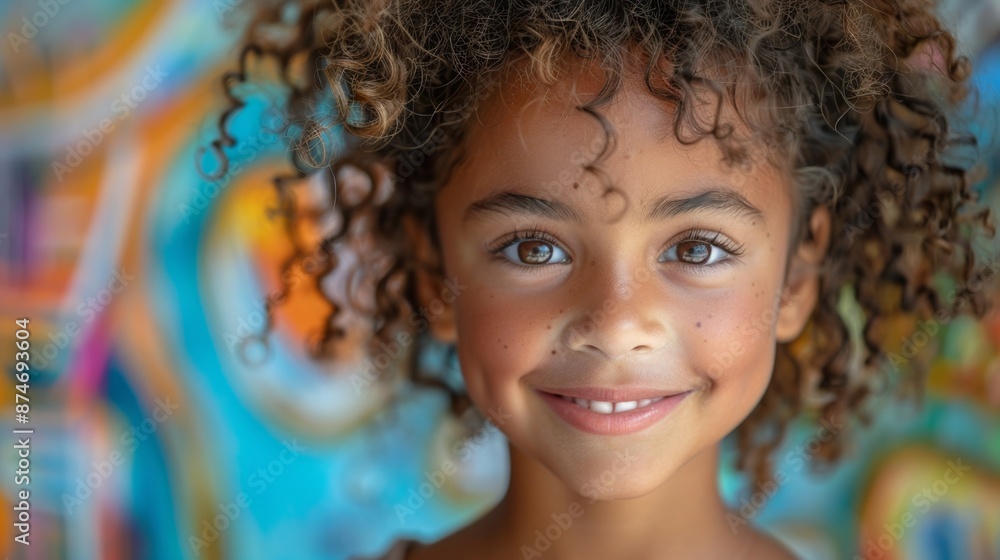 Close-up Portrait of a Smiling Child with Curly Hair - Generative AI Close-up Portrait of a Smiling Child with Curly Hair - Generative AI