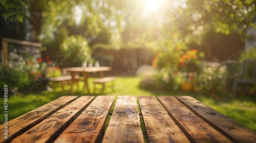 Summer Backyard Garden Party with BBQ Grill and Wooden Table, Blurred Background