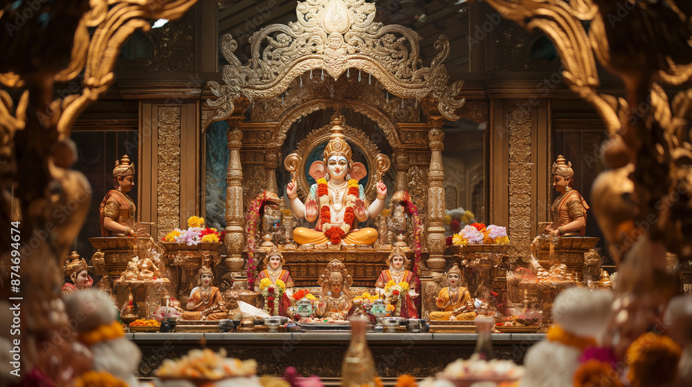 Scenic shot of a festival like Durga Puja or Ganesh Chaturthi with elaborate decorations with copy space Scenic shot of a festival like Durga Puja or Ganesh Chaturthi with elaborate decorations with copy space