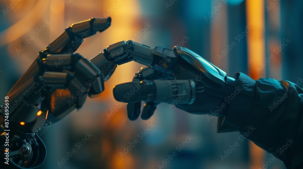 A close-up of a robotic hand interacting with a human hand, symbolizing the collaboration between humans and AI in advancing technology. A close-up of a robotic hand interacting with a human hand, symbolizing the collaboration between humans and AI in advancing technology.