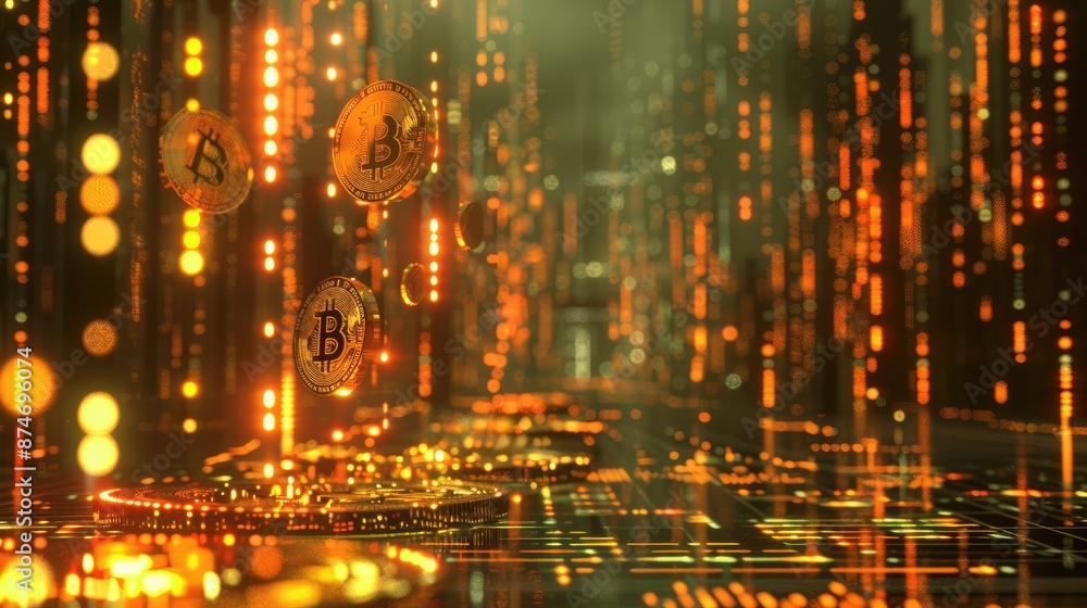 Naklejka premium Futuristic Bitcoin Cryptocurrency Digital Matrix with Orange Glowing Lights.