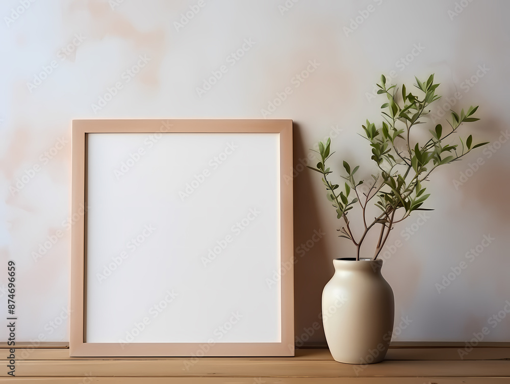 Empty wooden picture frame next to a ceramic vase with green foliage on a wooden surface. Empty wooden picture frame next to a ceramic vase with green foliage on a wooden surface.