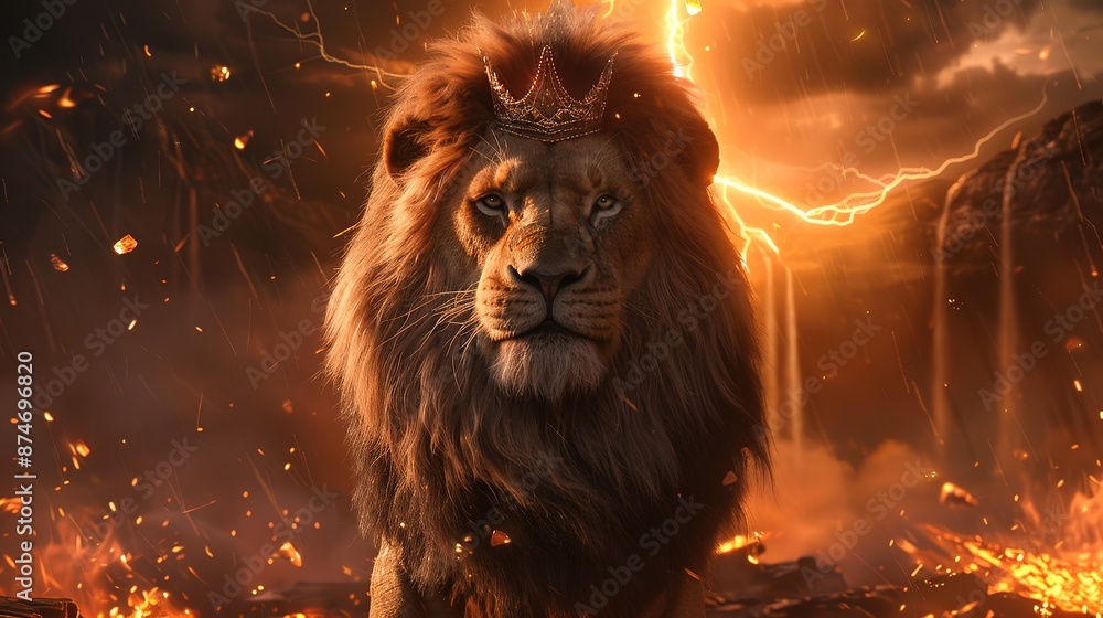 Naklejka premium Majestic Lion King with Feathers: Backdrop of Lightning, Fire, and Lava Waterfall
