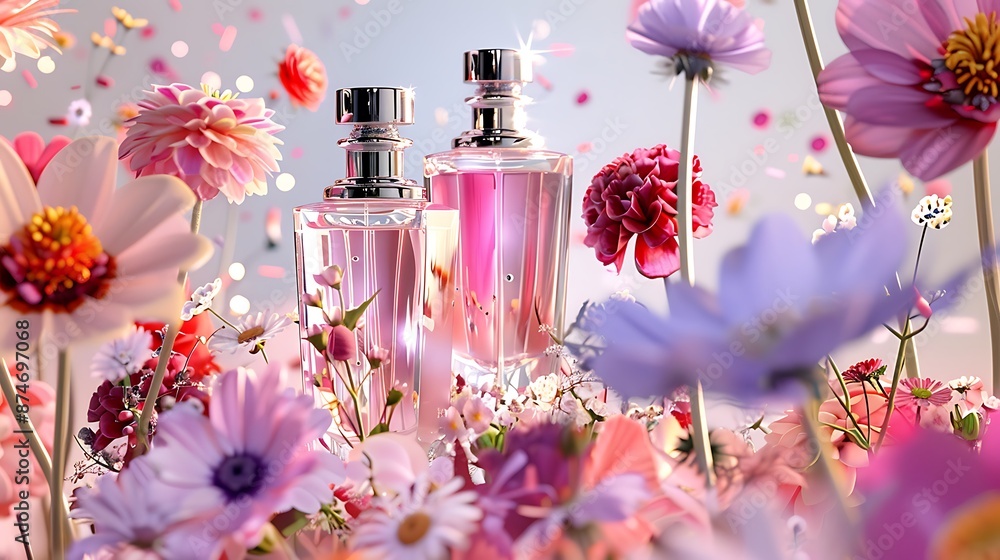 Luxurious Perfume Bottles Surrounded by Colorful Flowers and Bokeh Lights Luxurious Perfume Bottles Surrounded by Colorful Flowers and Bokeh Lights