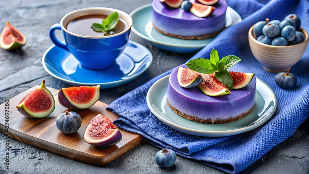 life style concept.Thai blue, Butterfly pea tea served with fresh figs and panna cotta cake and fruit piece of cake on serving napkins. life style concept.Thai blue, Butterfly pea tea served with fresh figs and panna cotta cake and fruit piece of cake on serving napkins.