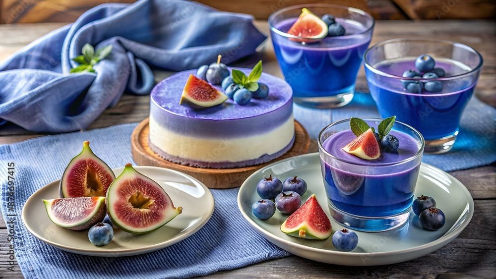 life style meeting concept. Thai blue, Butterfly pea tea served with fresh figs and panna cotta cake and fruit piece of cake on serving napkins. life style meeting concept. Thai blue, Butterfly pea tea served with fresh figs and panna cotta cake and fruit piece of cake on serving napkins.