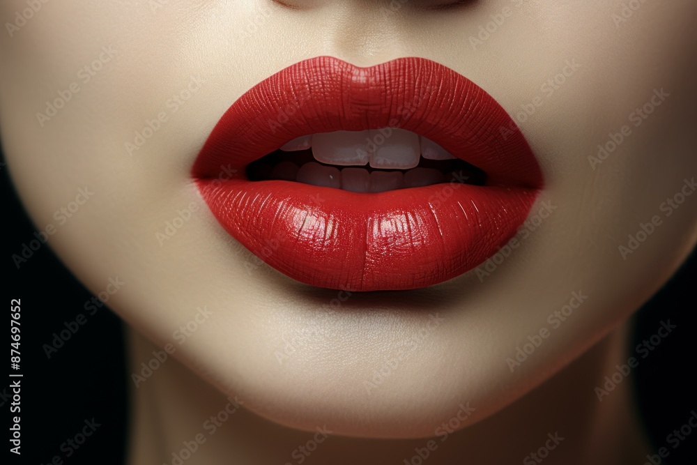 Fototapeta premium Close-up of a woman's sensual red lips with perfect shiny lipstick. Showcasing the vibrant color and enhancing the facial feature in a glamorous and elegant fashion