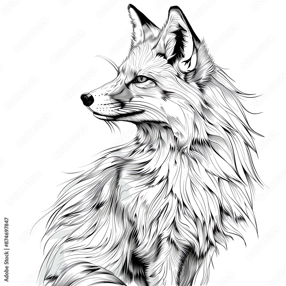 Obraz premium A realistic line art style image of a fox on a white background