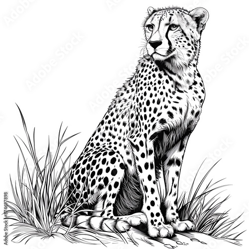 A realistic line art style image of a cheetah on a white background photo