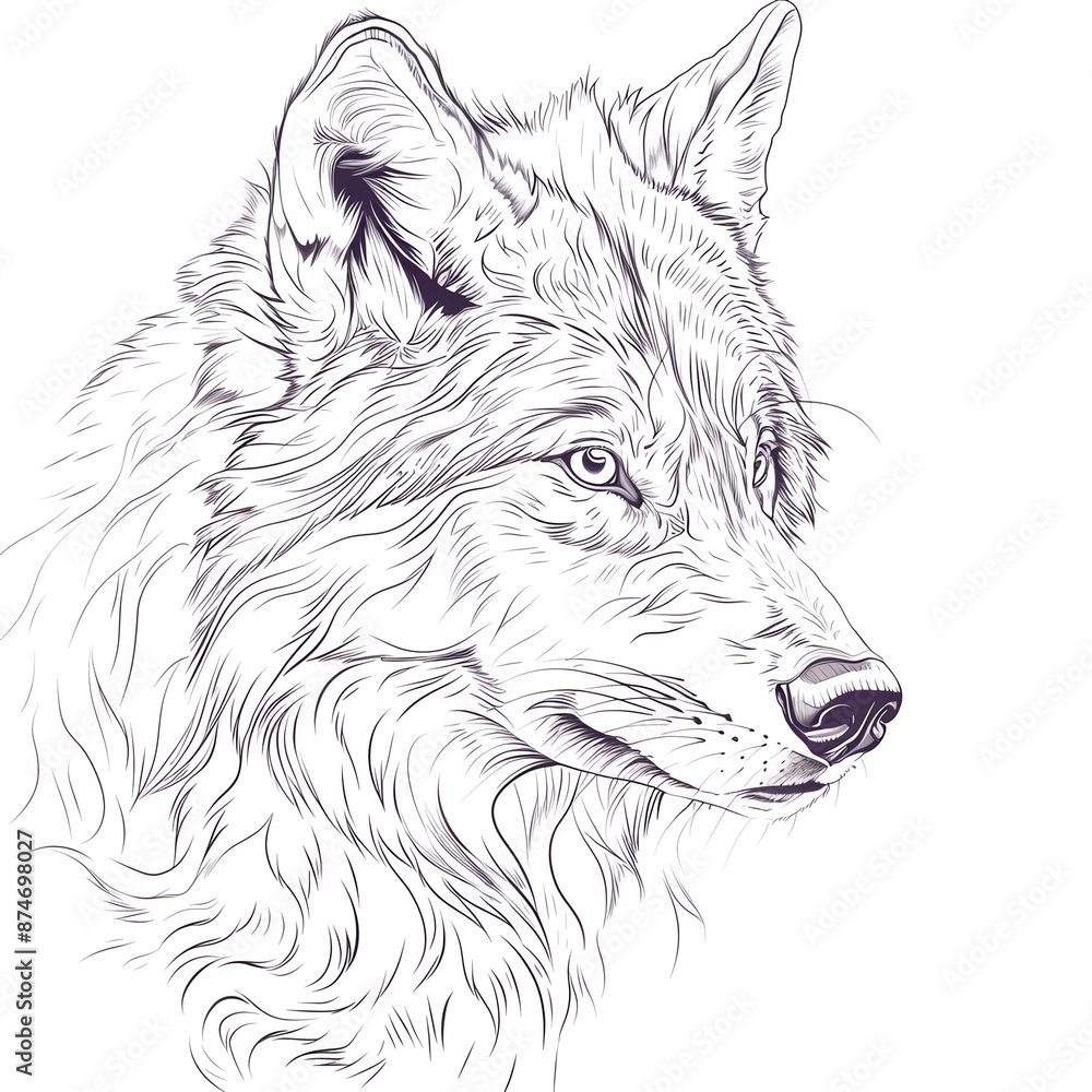 A realistic line art style image of a wolf on a white background A realistic line art style image of a wolf on a white background