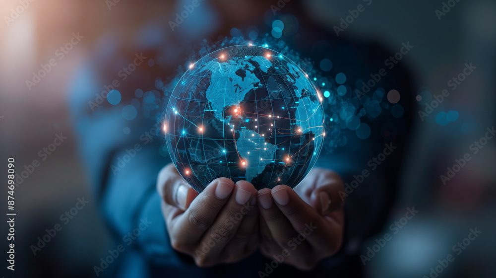 Person holding globe with network dots Person holding globe with network dots