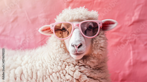 A sheep sports sunglasses, portrayed against a soft, pastel backdrop. photo