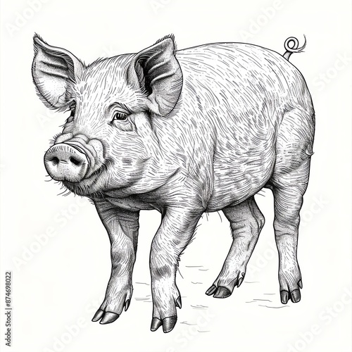 Wallpaper Mural A realistic line art style image of a pig on a white background Torontodigital.ca