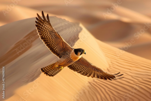 A falcon soaring over desert dunes during the golden hour.