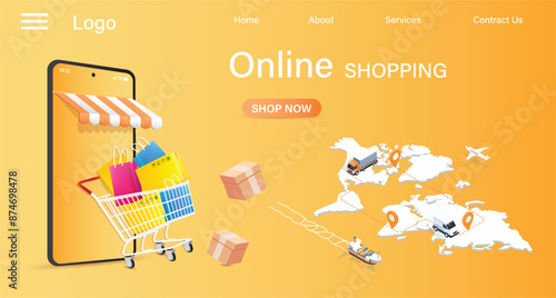 The vector of online shopping advertising poster with colorful and minimal 3d objects and background