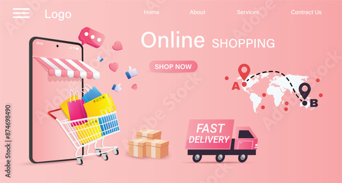 The vector of online shopping advertising poster with colorful and minimal 3d objects and background