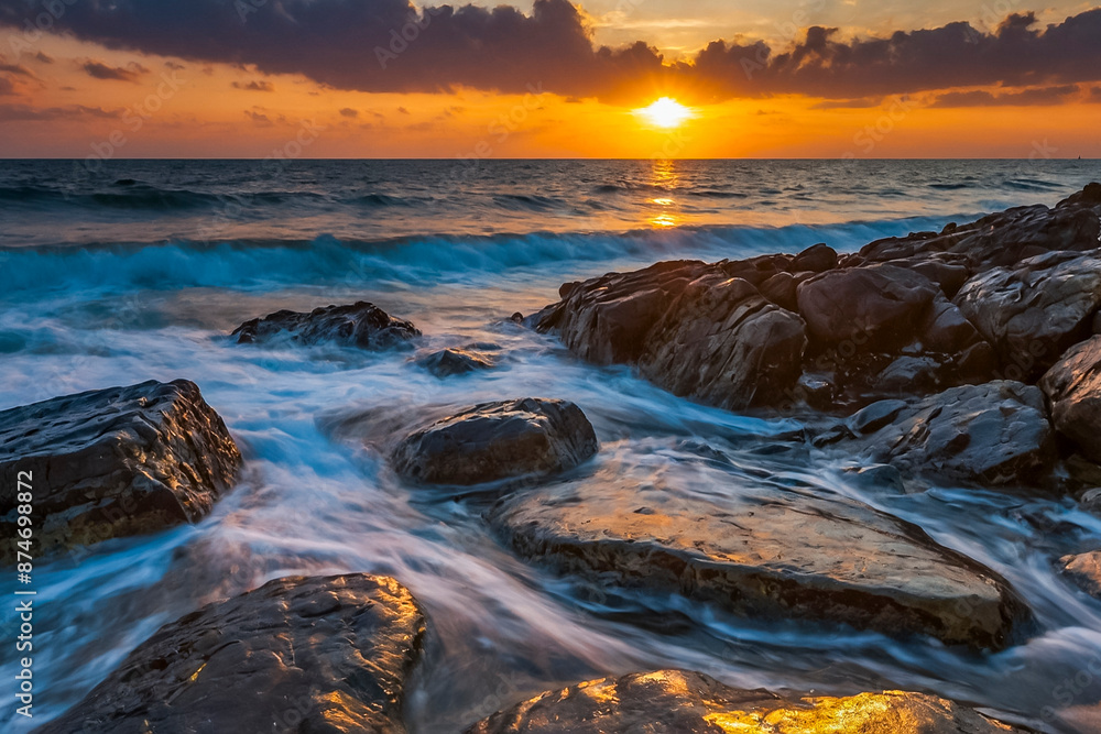 Fototapeta premium Beautiful view of the rocky seascape in sunset