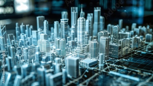 A digital twin of a city, used for simulation and planning, showing how technology can create virtual replicas of real-world environments.