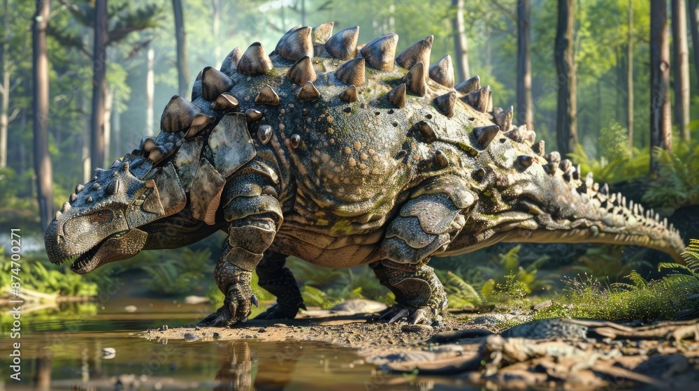 Armored Ankylosaurus Traversing a Lush Prehistoric Swampland with Textures and High Definition Armored Ankylosaurus Traversing a Lush Prehistoric Swampland with Textures and High Definition