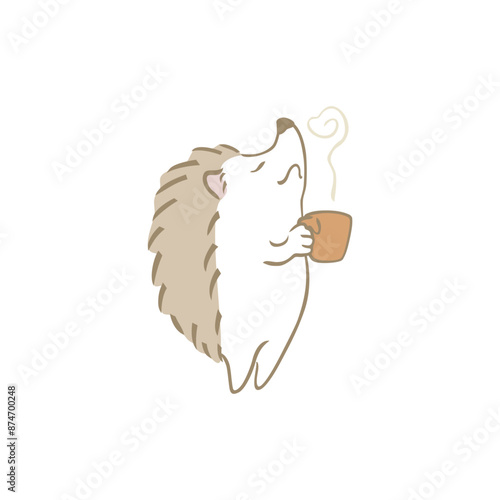 コーヒーの香りを嗅ぐハリネズミのイラスト
