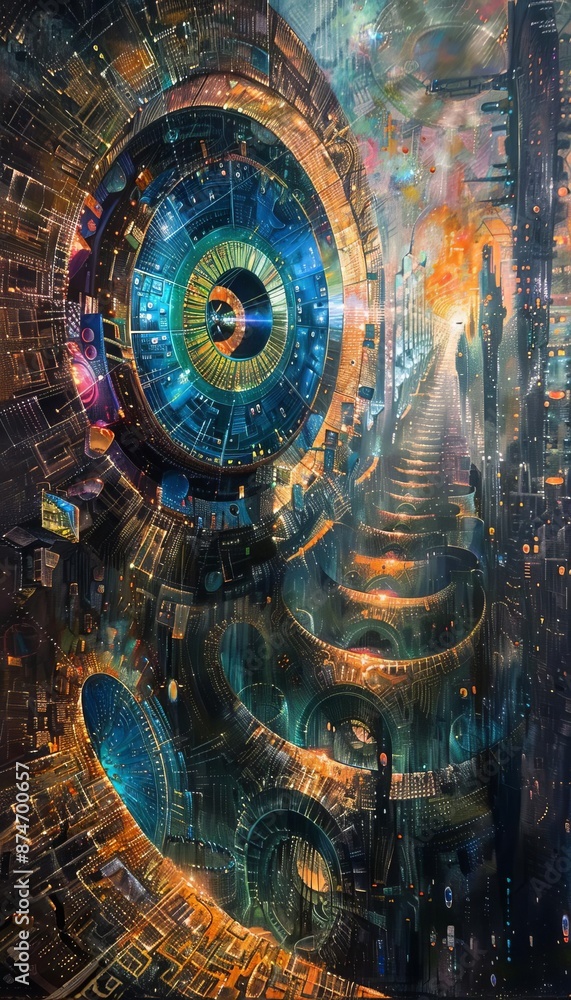 Futuristic cyberpunk-themed digital artwork featuring a complex, colorful machine in a cityscape filled with lights and advanced technology. Futuristic cyberpunk-themed digital artwork featuring a complex, colorful machine in a cityscape filled with lights and advanced technology.
