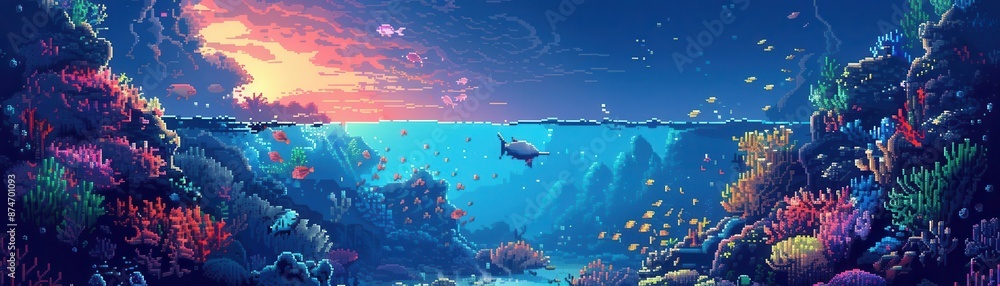 Fototapeta premium Vibrant underwater scene with colorful coral reefs, a variety of fish, and a beautifully lit ocean landscape under a stunning sunset.