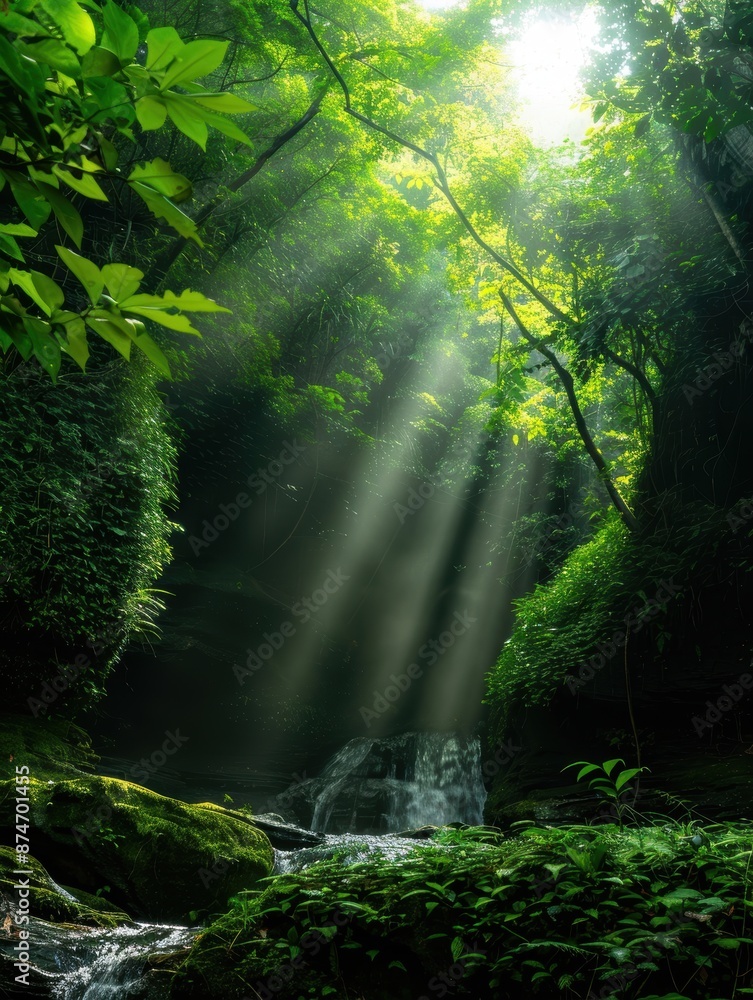 Enchanting forest waterfall scene with sunbeams Enchanting forest waterfall scene with sunbeams