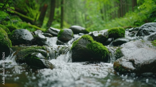 Serene forest stream with moss-covered rocks © Balaraw
