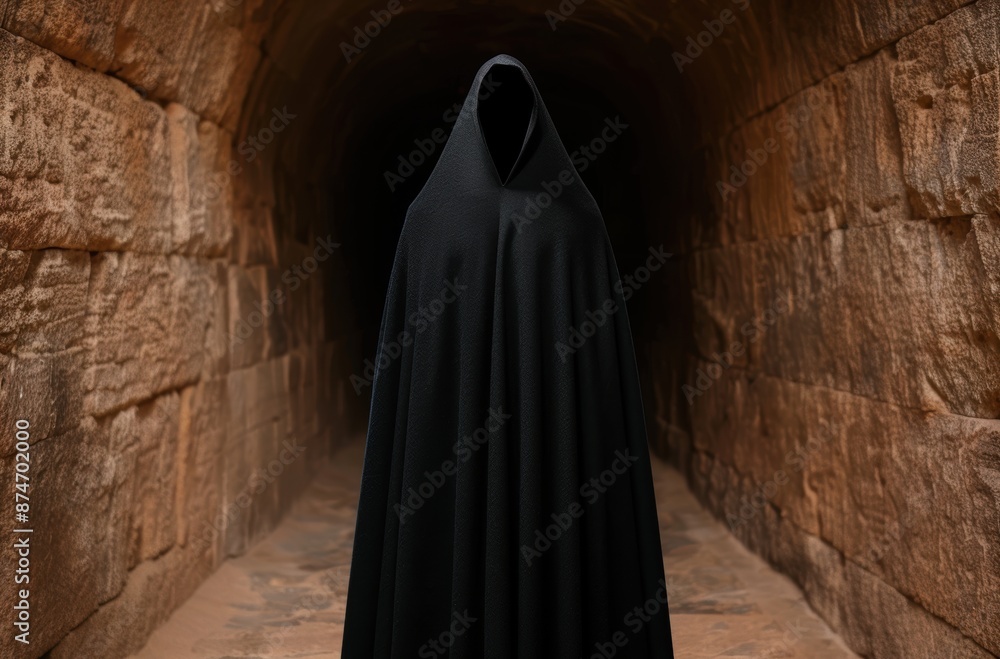 Mysterious cloaked figure in dark tunnel Mysterious cloaked figure in dark tunnel