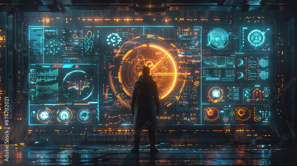 Futuristic interface with holographic display operated by a standing person, showcasing advanced digital technology and data visualization. Futuristic interface with holographic display operated by a standing person, showcasing advanced digital technology and data visualization.