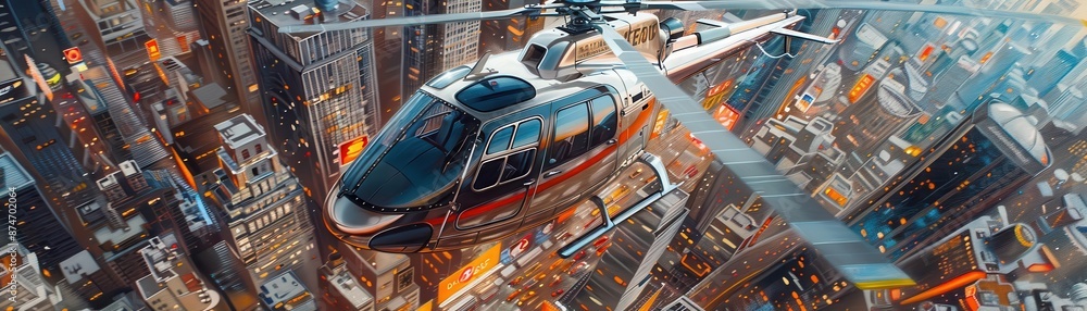 Naklejka premium Helicopter flying over a vibrant cityscape with towering skyscrapers, capturing the essence of urban transport and dynamic city life.