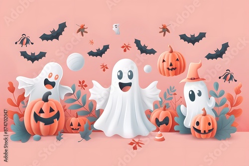 Cute Halloween scene with cheerful ghosts, carved pumpkins, flying bats, and autumn leaves