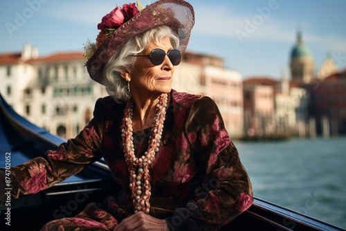 Fashionable elderly lady with hat enjoys a sunny gondola ride in venice