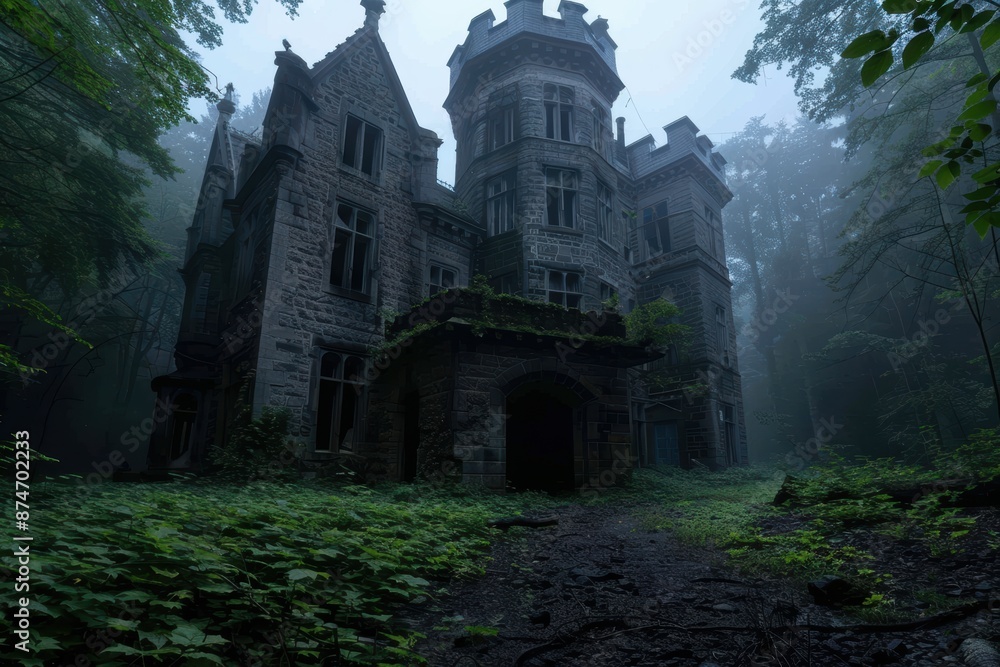 Mysterious abandoned castle in the misty forest Mysterious abandoned castle in the misty forest