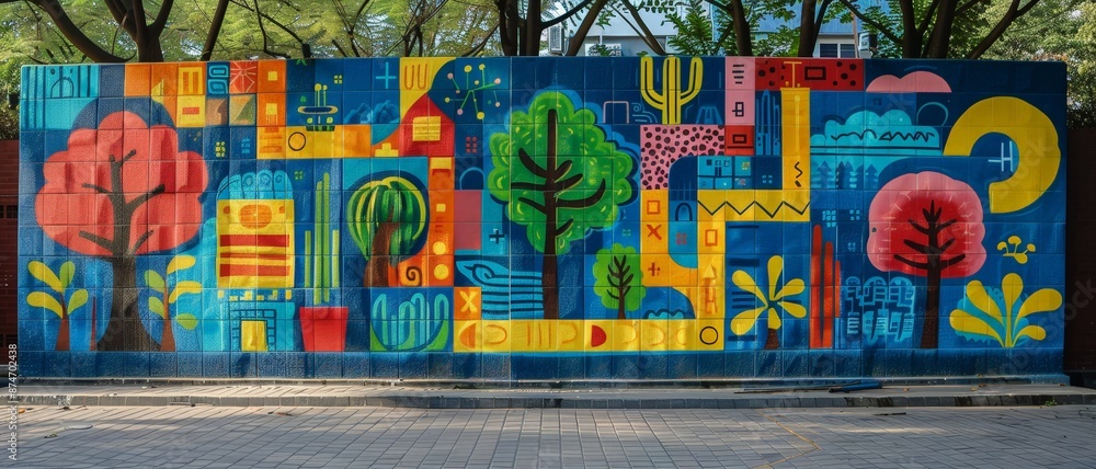 Fototapeta premium Colorful street art mural with vivid tree and geometric designs, blending nature and urban themes in a vibrant public space.