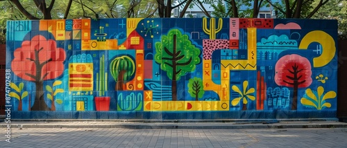 Colorful street art mural with vivid tree and geometric designs, blending nature and urban themes in a vibrant public space.