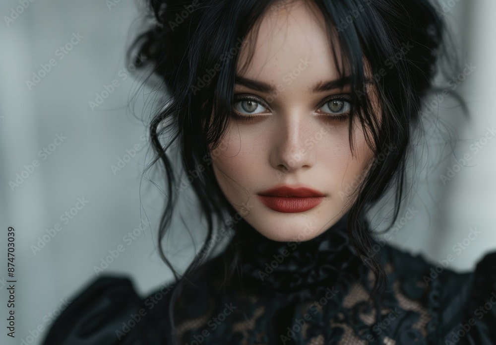 Mysterious woman with dark hair and intense gaze Mysterious woman with dark hair and intense gaze