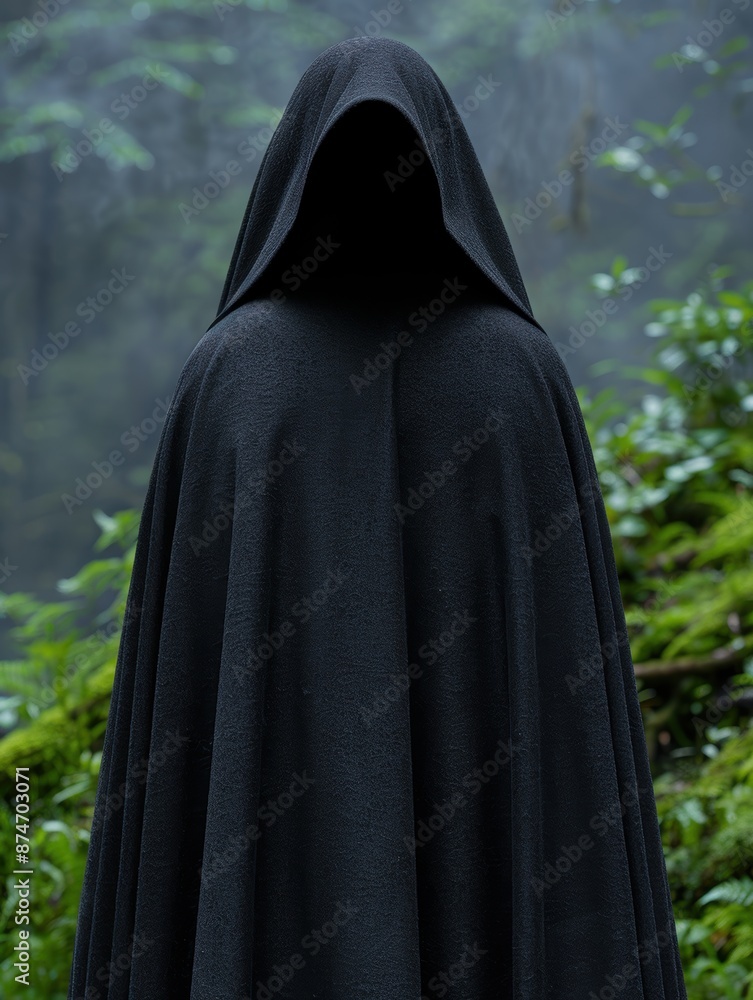 Mysterious hooded figure in dark forest Mysterious hooded figure in dark forest