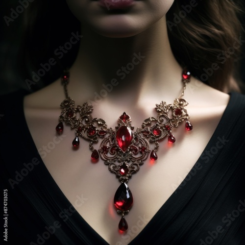 A precious flask with rubies on a girl’s neck