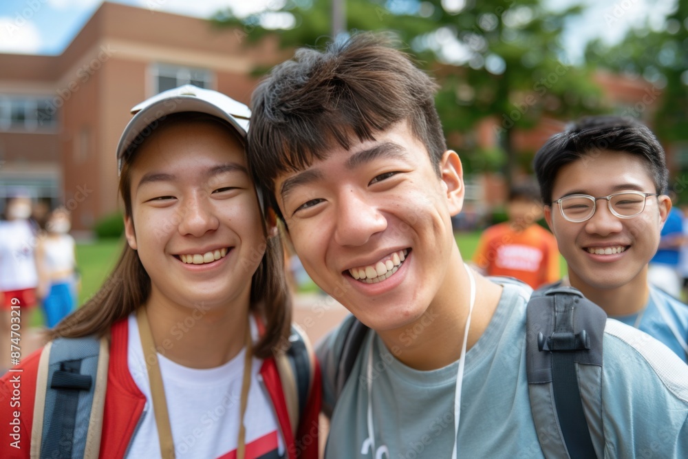 Smiling Students Enjoying Campus Life Outdoors