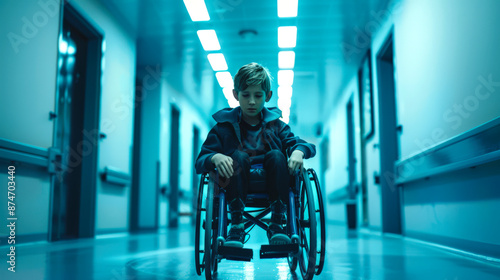 Wallpaper Mural A frustrated, unhappy disabled boy is sitting in a wheelchair in the hospital corridor. He received a disappointing diagnosis about his health Torontodigital.ca