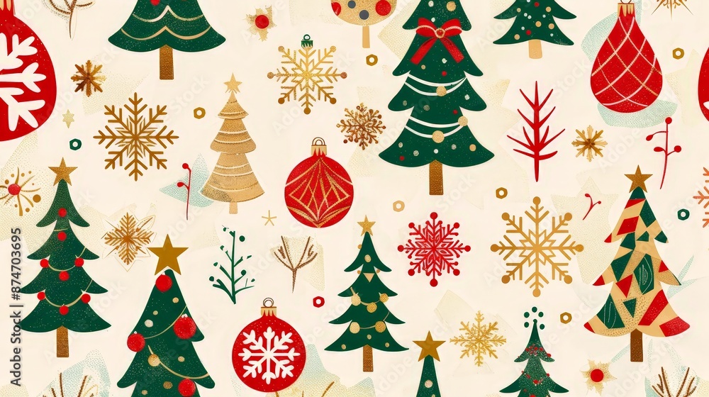 A festive holiday pattern featuring Christmas trees, snowflakes, and ornaments in red, green, and gold, ideal for seasonal decor and gifts. A festive holiday pattern featuring Christmas trees, snowflakes, and ornaments in red, green, and gold, ideal for seasonal decor and gifts.