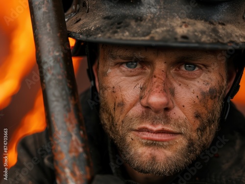Rugged soldier with intense gaze